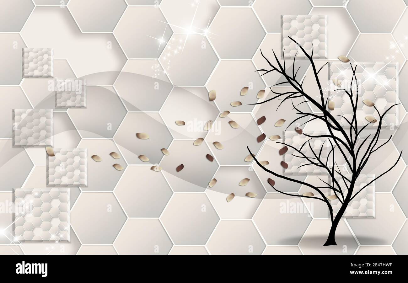 illustrazione 3d, sfondo beige, esagoni, paillettes, albero nero piegato nel vento Foto Stock