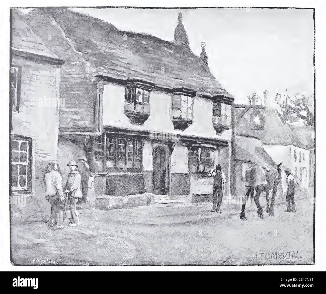 Illustrazione d'epoca di Arthur Tomson dello Star Inn, Alfriston, East Sussex, Inghilterra. Immagine tradizionale di una vecchia casa pubblica inglese. Foto Stock