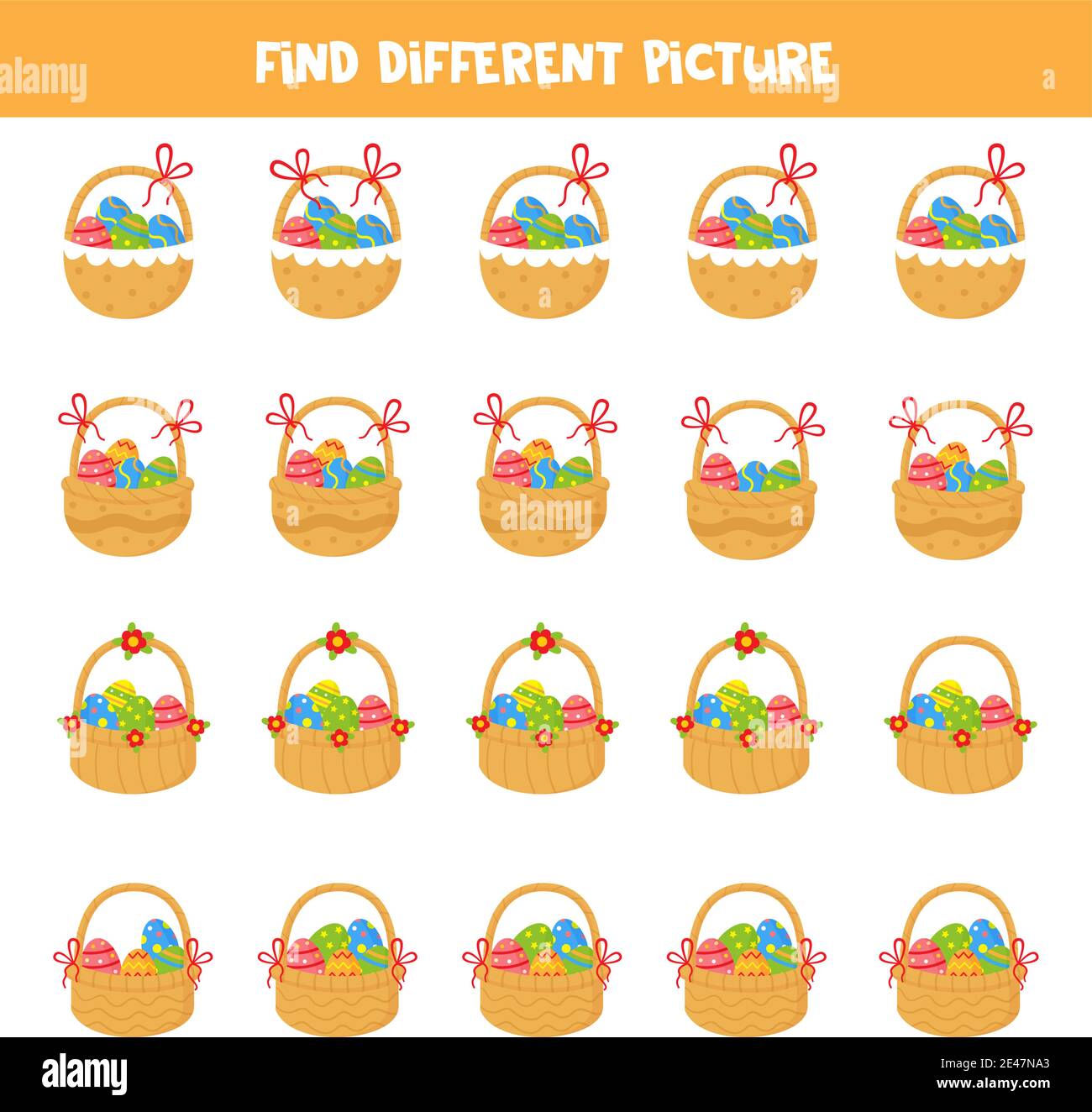 Trova un'immagine diversa dei cestini di Pasqua. Gioco logico educativo per bambini. Illustrazione Vettoriale