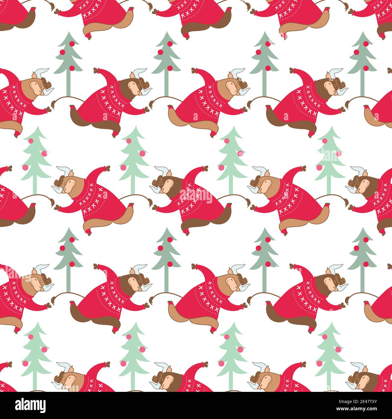 Albero di natale senza cuciture modello, bull di natale corre frettolosamente, elemento ripetitivo, alberi di natale con palle di natale, bull in un maglione Illustrazione Vettoriale