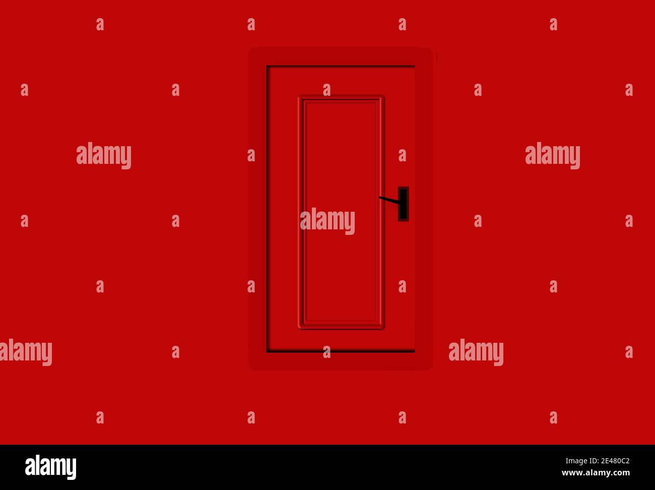 design ed di una porta chiusa su fondo parete rosso. visualizzazione 3d, illustrazione professionale. Foto Stock