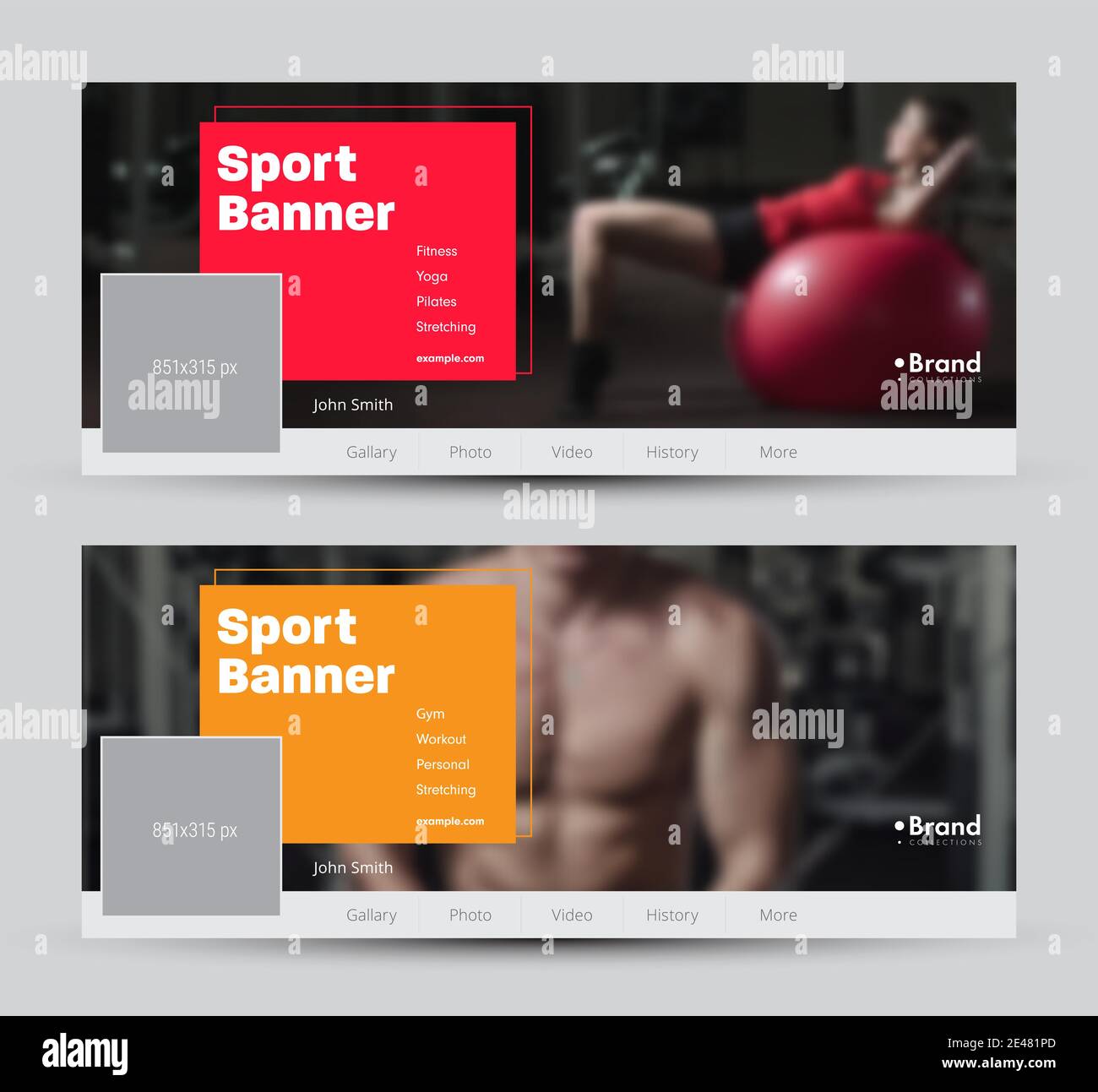 Set di banner vettoriali per i social network con un luogo per una foto e un quadrato colorato per l'intestazione. Modelli di dimensioni standard. Tema sportivo Illustrazione Vettoriale