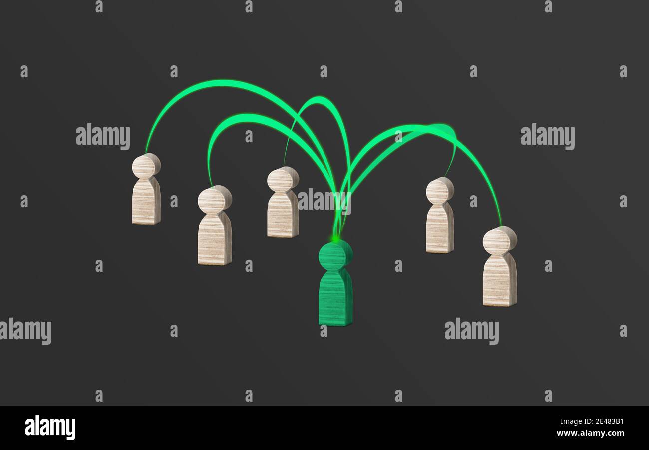 1 persona spaziale (leader) trasforma le informazioni e le conoscenze agli altri. Legno persone che si collegano tra loro da monitor. Costruire il concetto di business Foto Stock