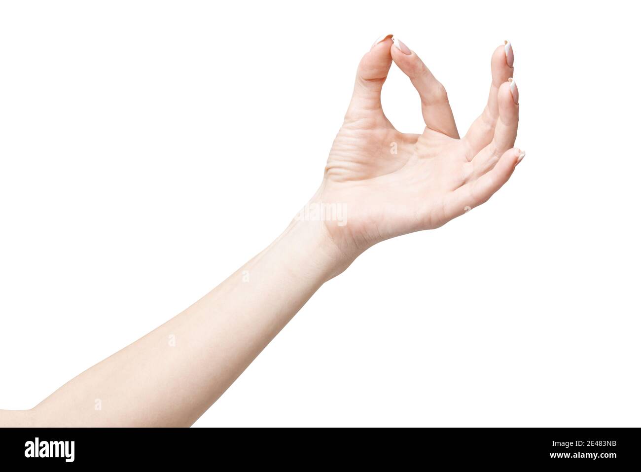 femmina mano che poiting da dito isolato su sfondo bianco con tracciato di ritaglio Foto Stock