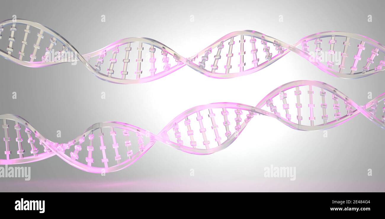 Stringa di DNA, catena di banner cromosomico. Tecnologia scientifica, background per l'illustrazione 3d di progettazione biomedica, sanitaria, chimica Foto Stock