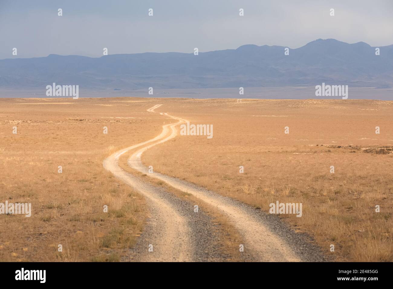 Una strada vuota e sporca si zig-zag verso un orizzonte lontano nel Parco Nazionale del Charyn Canyon nella provincia di Almaty, in Kazakistan. Foto Stock