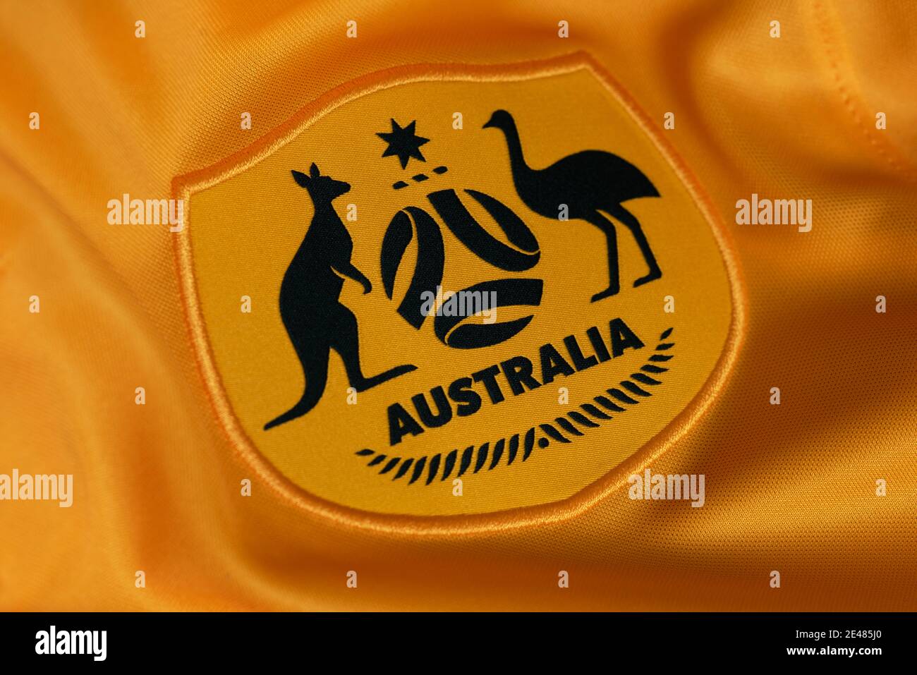 Primo piano della divisa della squadra di calcio nazionale australiana Foto Stock