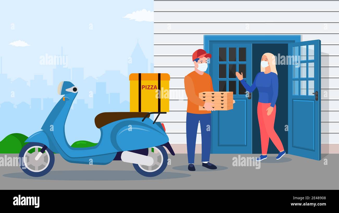 uomo di consegna che porta un mucchio di scatole di pizza Illustrazione Vettoriale