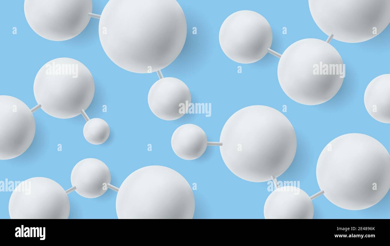 Sfondo blu astratto con molecole 3d circolari bianche collegate a stringhe, banner medico-biologico Illustrazione Vettoriale