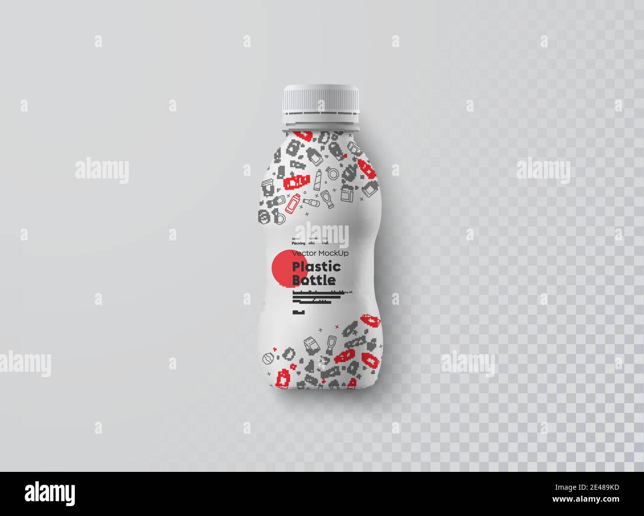 Modello vettoriale realistico di bottiglia ricurpata in plastica bianca per la vista dall'alto della bevanda. Modello universale per la presentazione del disegno o modello del latte da imballaggio, Illustrazione Vettoriale