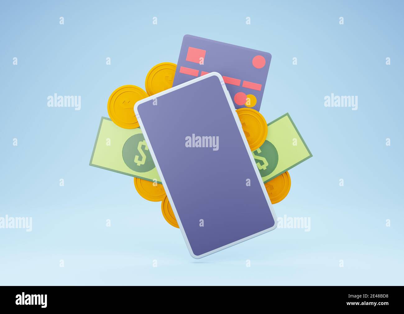 Smartphone 3D rendering con denaro e carta di credito. Internet Banking e concetto di pagamento onine. Foto Stock