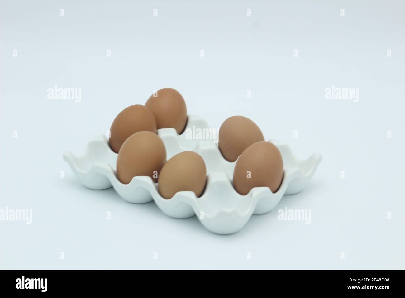 Sei uova di colore marrone in un rack di uovo contro uno sfondo bianco Foto Stock