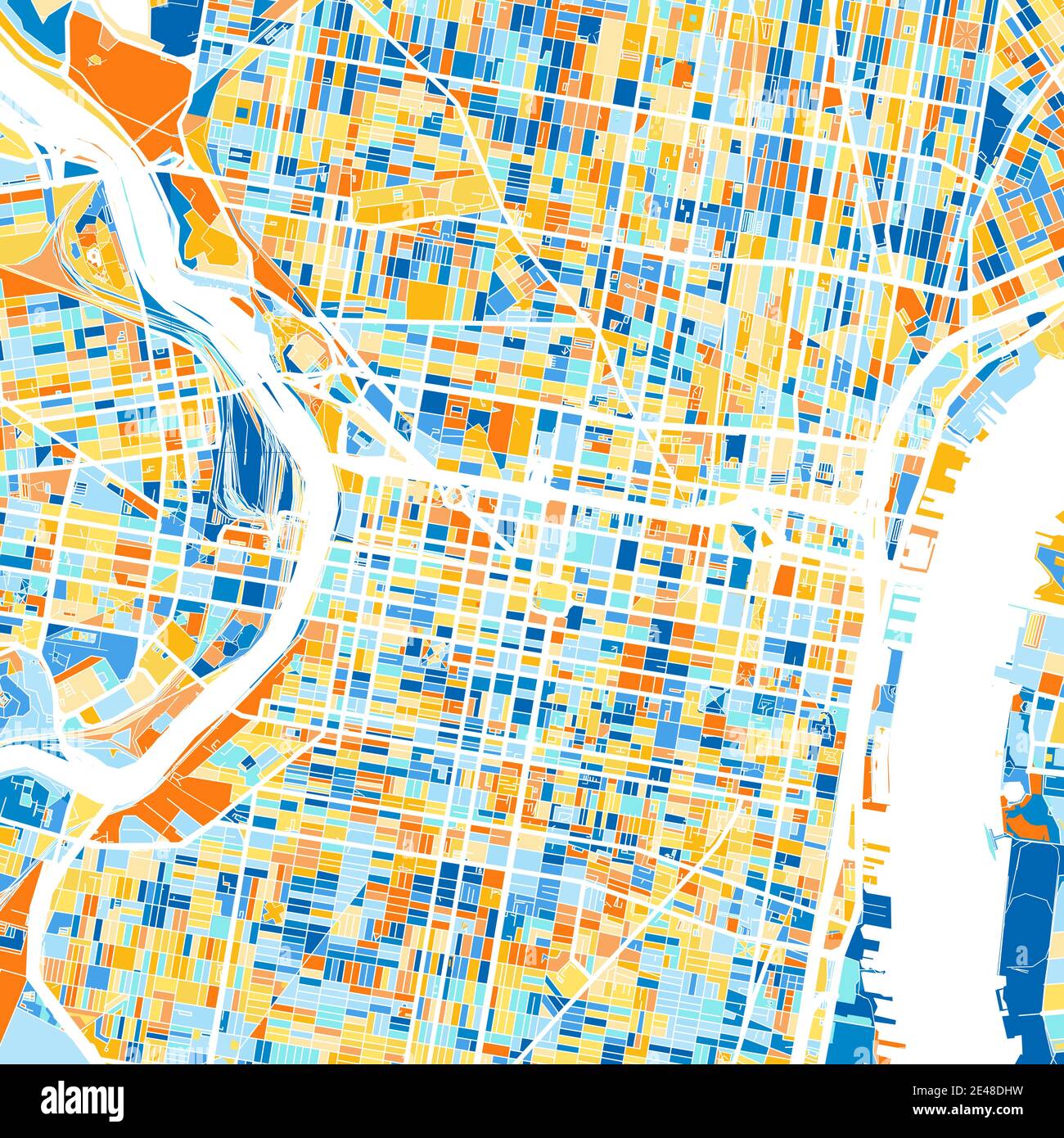 Mappa artistica a colori di Philadelphia, Pennsylvania, UnitedStates in blu e arance. Le gradazioni di colore nella mappa di Philadelphia seguono un motivo casuale. Illustrazione Vettoriale