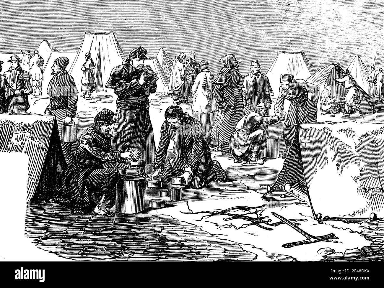 Campo invernale in Crimea, preparazione della zuppa, 1855, Crimea War / Winterlager in der Krim, Bereitung der Suppe, 1855, Krimkrieg, Historisch, storico, digitale riproduzione migliorata di un originale del 19 ° secolo / digitale Reproduktion einer Originalvollage aus dem 19. Jahrhundert, Foto Stock