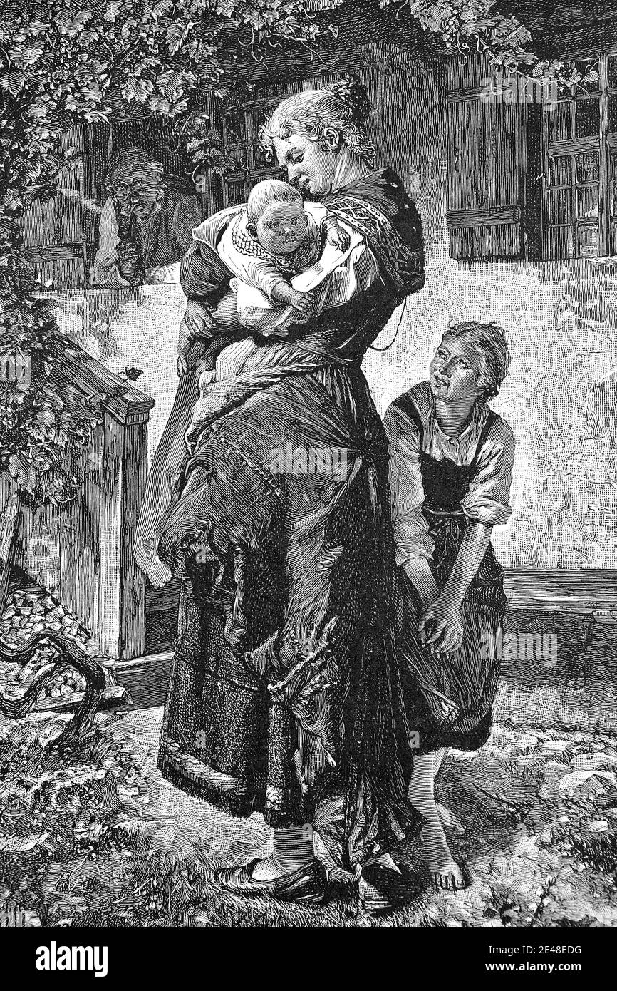 Madre con due bambini in piedi in giardino, Germania, 1887 / Mutter mit zwei Kindern steht im Garten, Deutschland, 1887, Historisch, storico, digitale riproduzione migliorata di un originale del 19 ° secolo / digitale Reproduktion einer Originalvorlage aus dem 19. Jahrhundert, Foto Stock