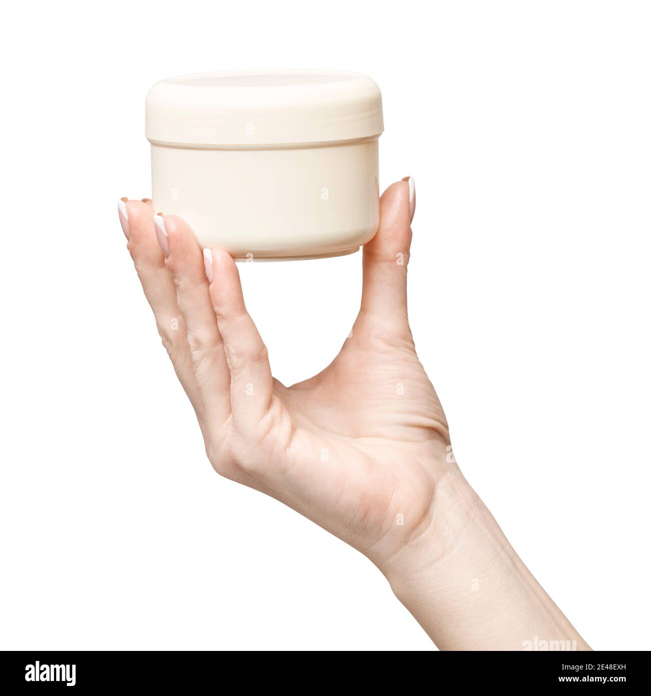 Latta di plastica per mano di crema isolata su un bianco sfondo Foto Stock