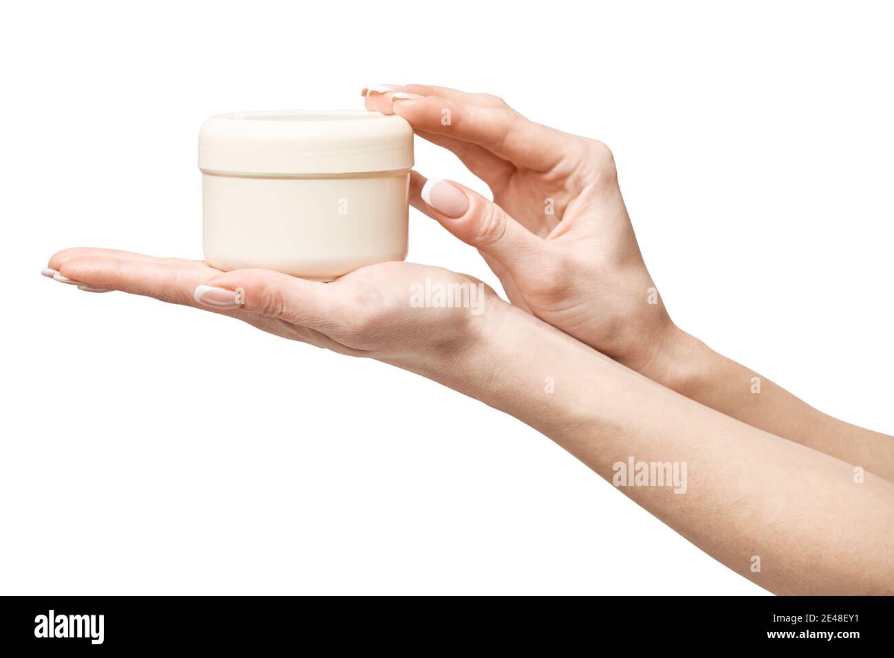 Latta di plastica per mano di crema isolata su un bianco sfondo Foto Stock
