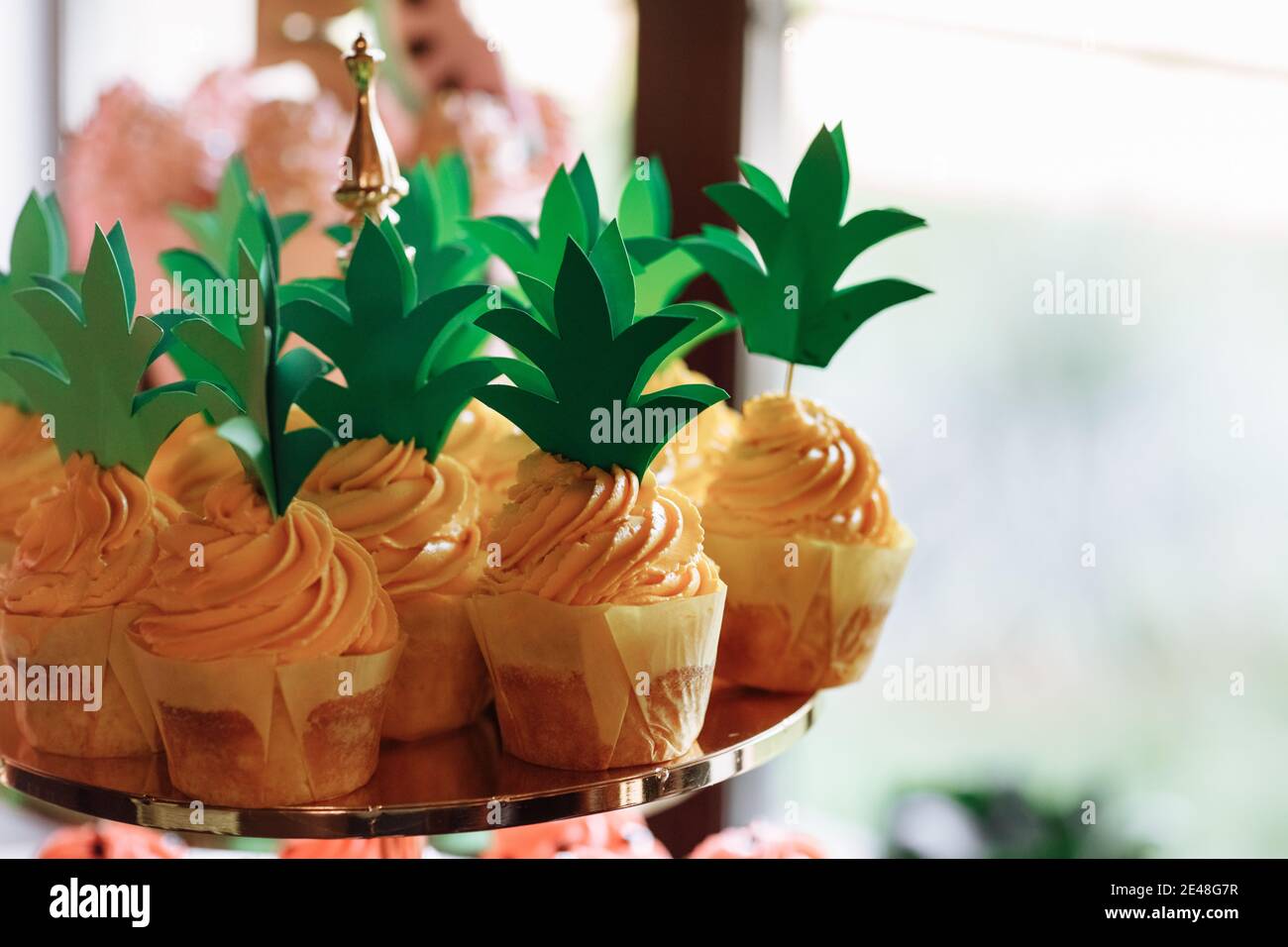 catering per compleanno, tavolo con dolci moderni, cupcake di ananas, dolci con frutta. delizioso bar caramelle a costoso compleanno. spa Foto Stock