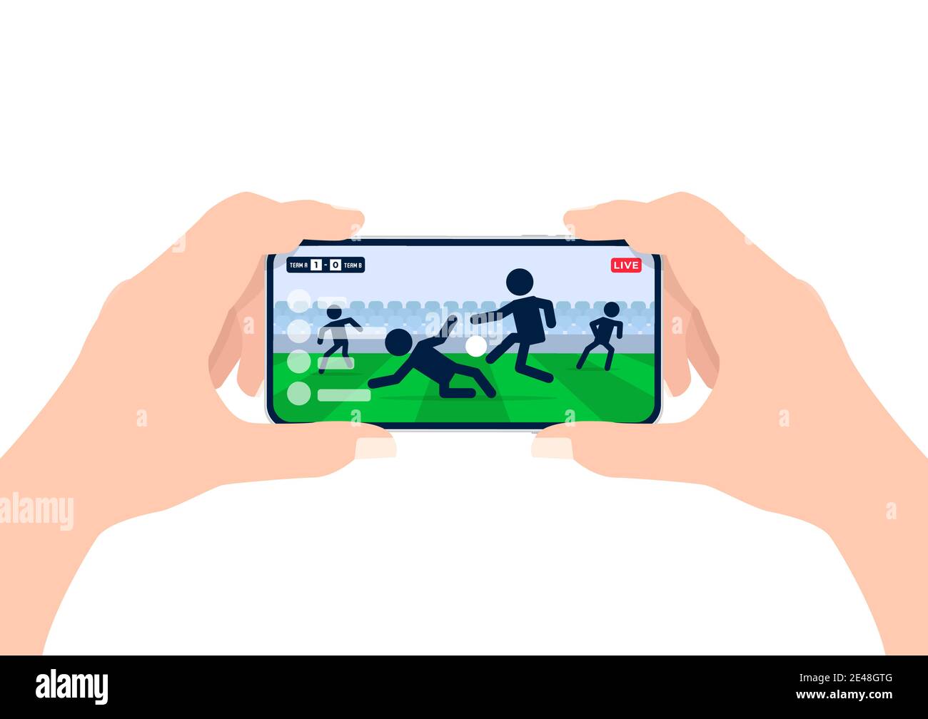 Calcio o campionato di calcio in streaming dal vivo sul telefono cellulare.  Uomo che tiene in mano lo smartphone e guarda online qualsiasi partita di  calcio dal vivo Immagine e Vettoriale -