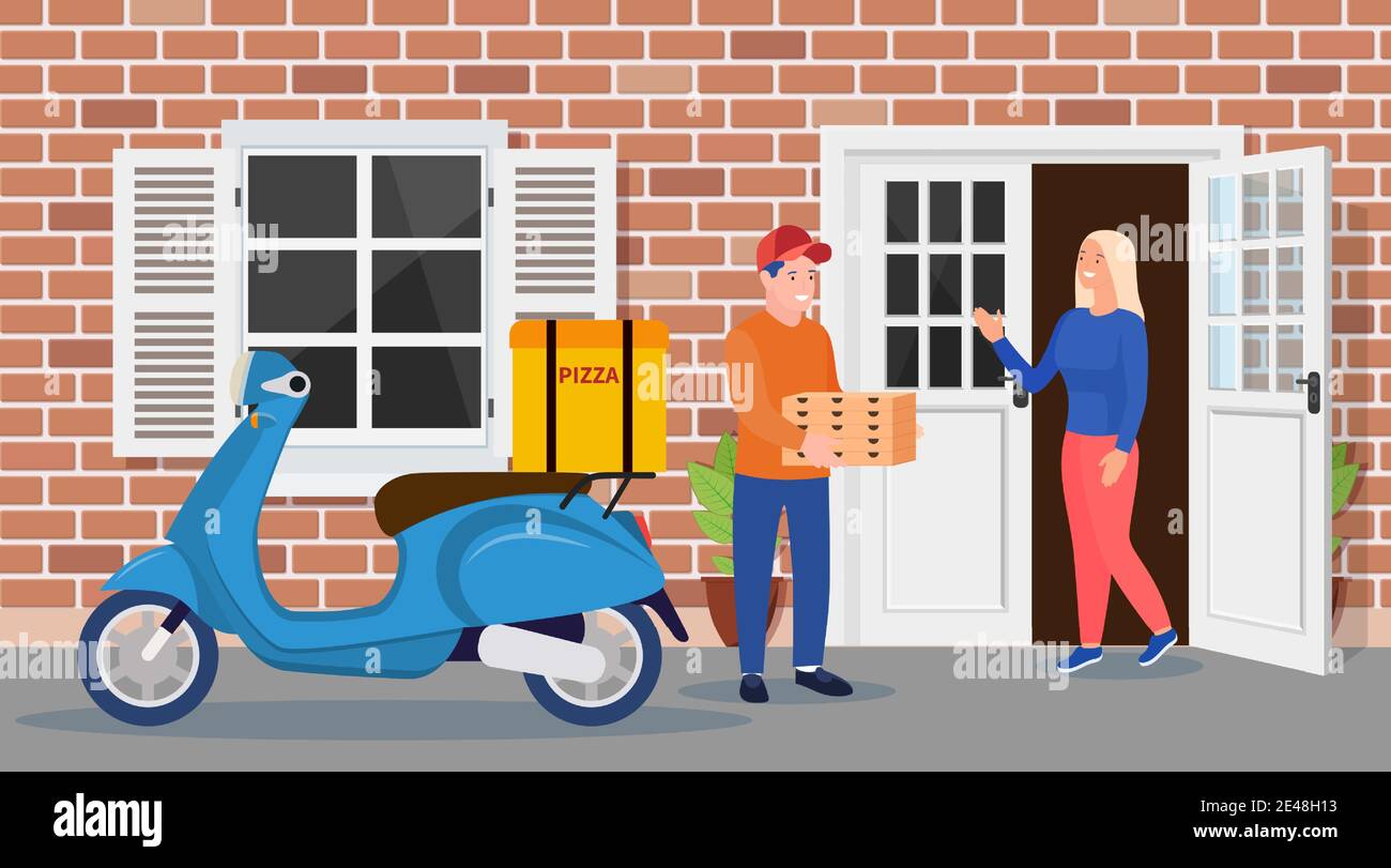 uomo di consegna che porta un mucchio di scatole di pizza Illustrazione Vettoriale