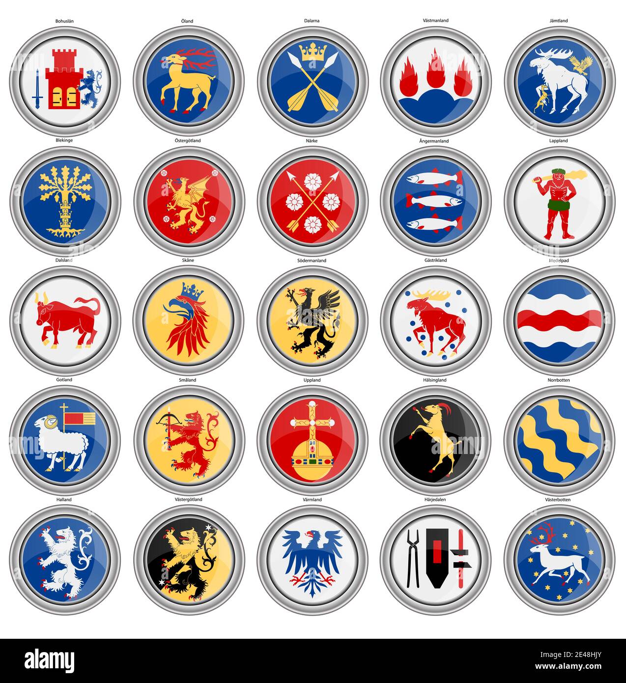 Set di icone vettoriali. Contee di bandiere svedesi. Foto Stock
