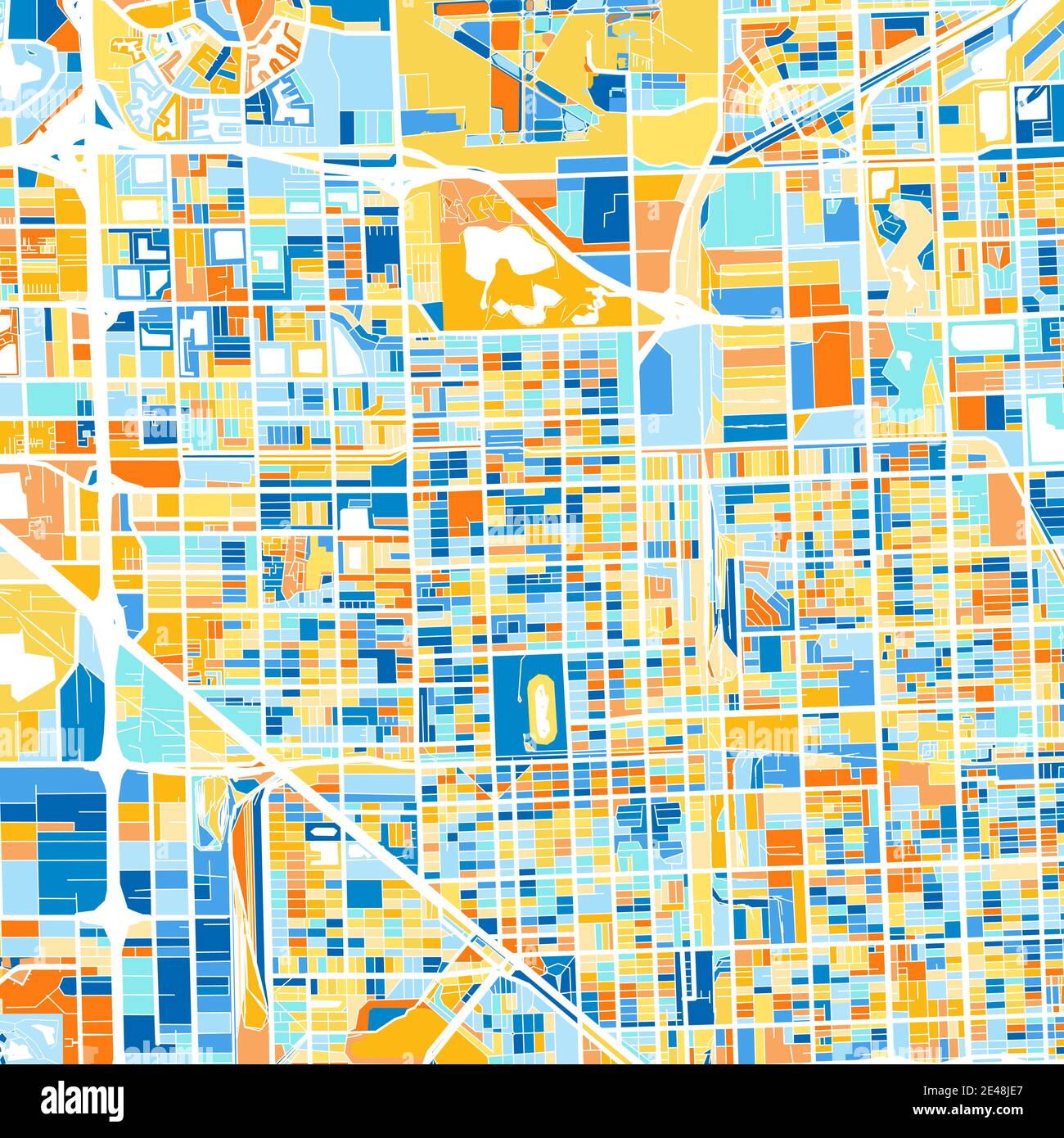 Mappa artistica a colori di Hialeah, Florida, Stati Uniti in blu e arance. Le gradazioni di colore nella mappa di Hialeah seguono un motivo casuale. Illustrazione Vettoriale