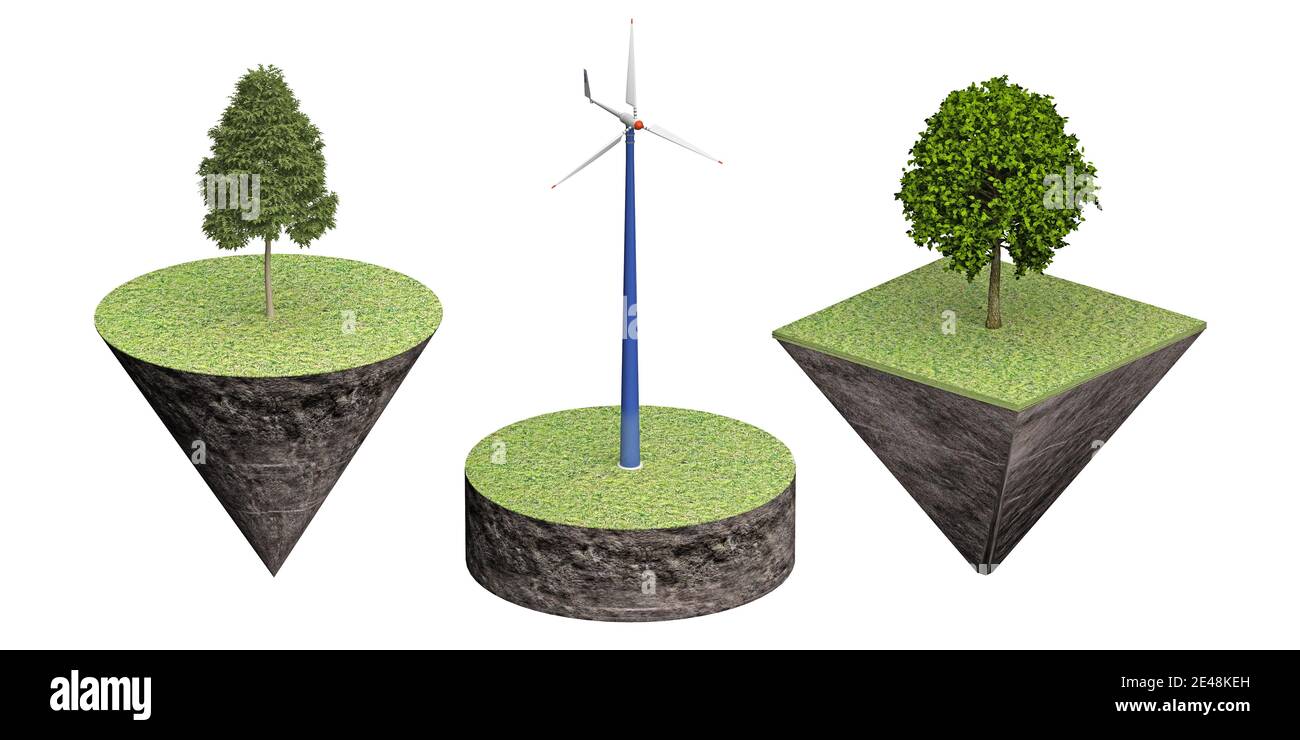mulino a vento su pezzo scolpito di terra isolato su bianco. rendering 3d Foto Stock