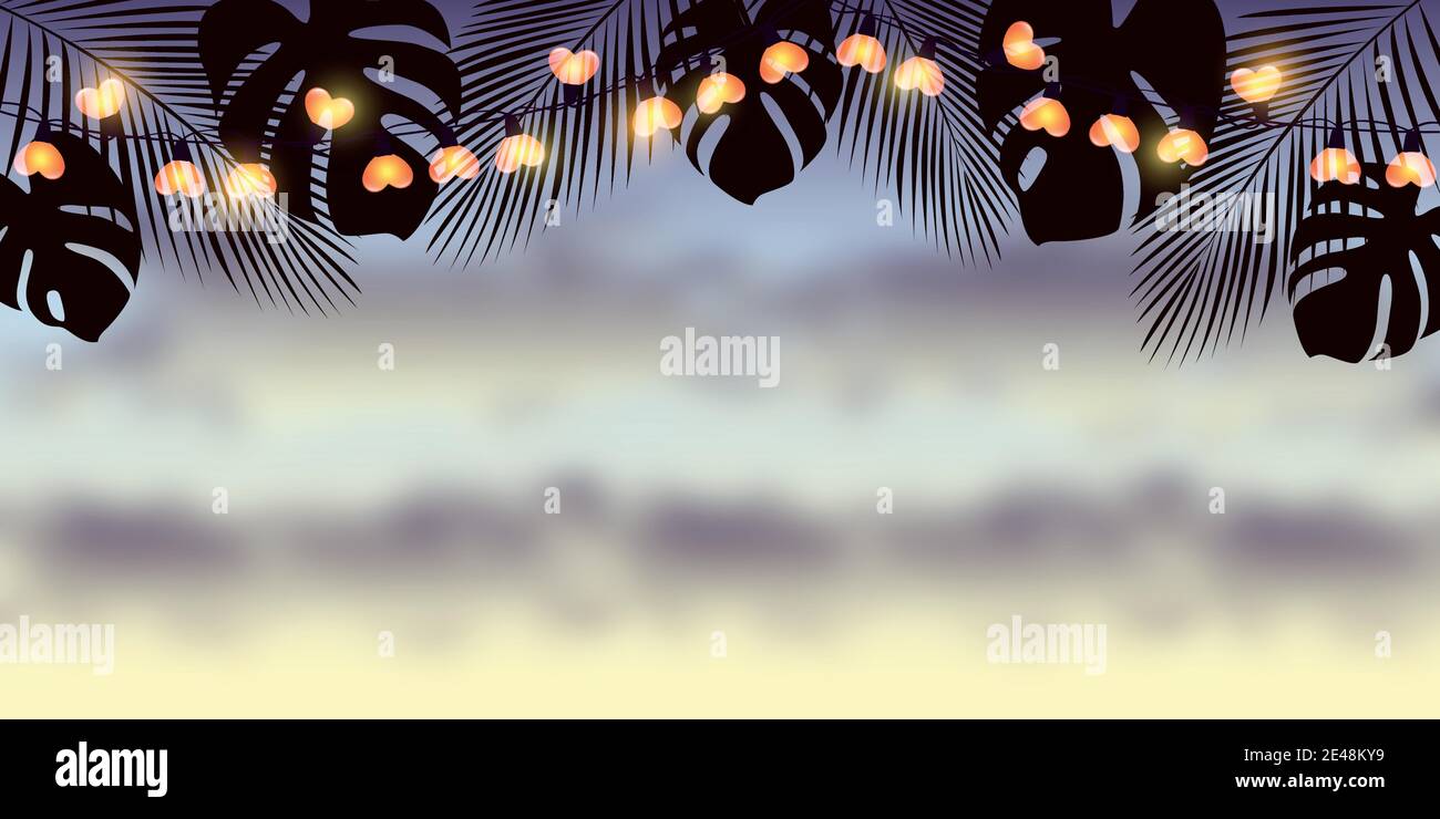 Sfondo tropicale paradiso estivo con fata luce e foglie di palma vettore illustrazione EPS10 Illustrazione Vettoriale