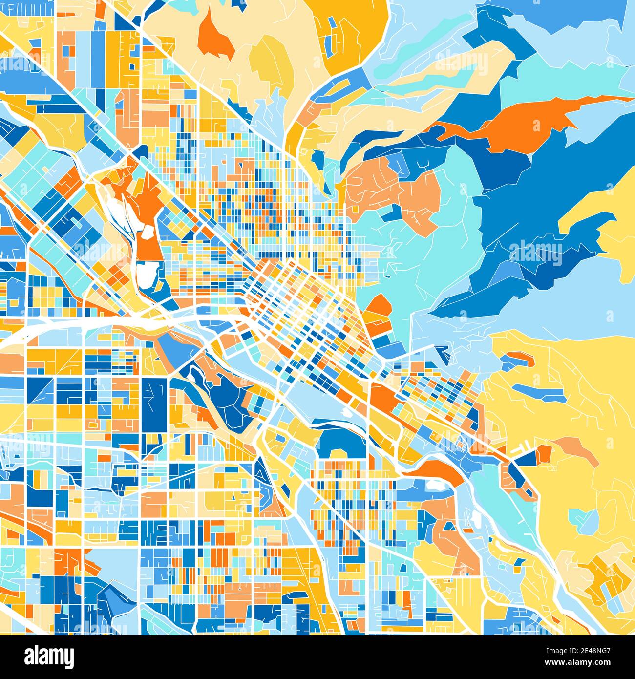 Mappa artistica a colori di Boise, Idaho, UnitedStates in blu e arance. Le gradazioni di colore nella mappa Boise seguono un motivo casuale. Illustrazione Vettoriale