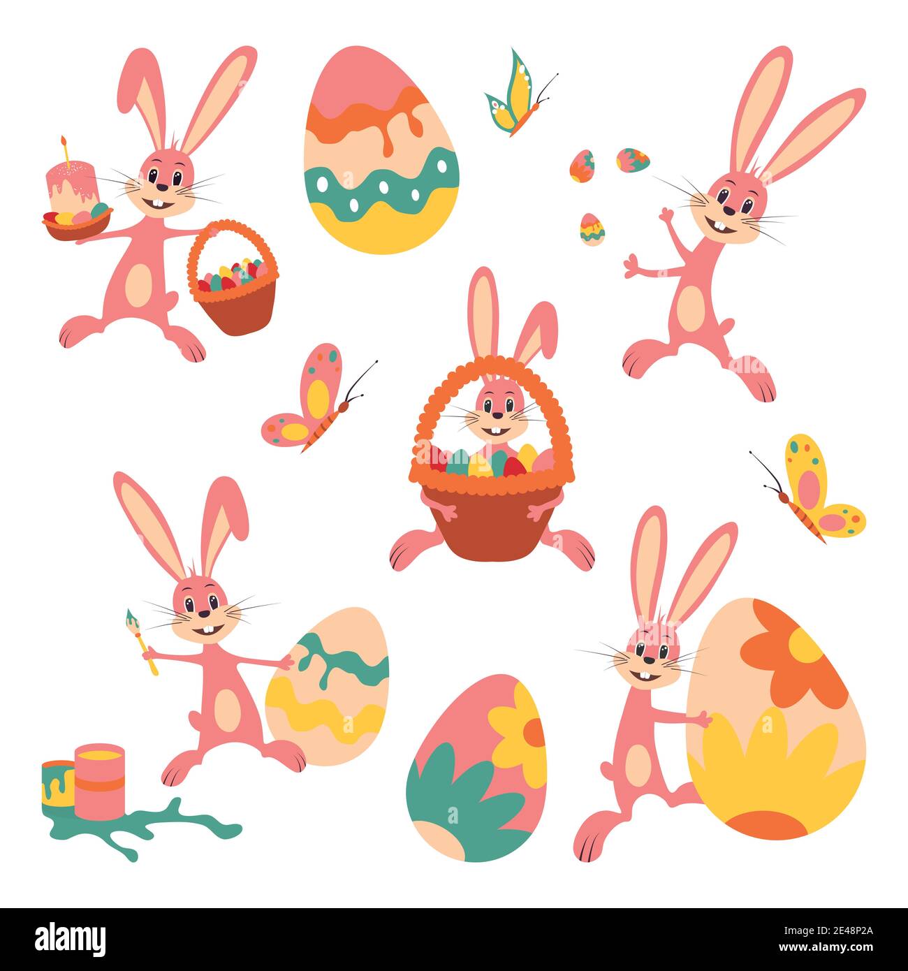 XB. Carino coniglietto pasquale contiene un cesto e una torta, guggles con uova di Pasqua, decora un uovo di Pasqua, getta uova, abbracci un cestino, rotoli un uovo. Vettore ill Illustrazione Vettoriale