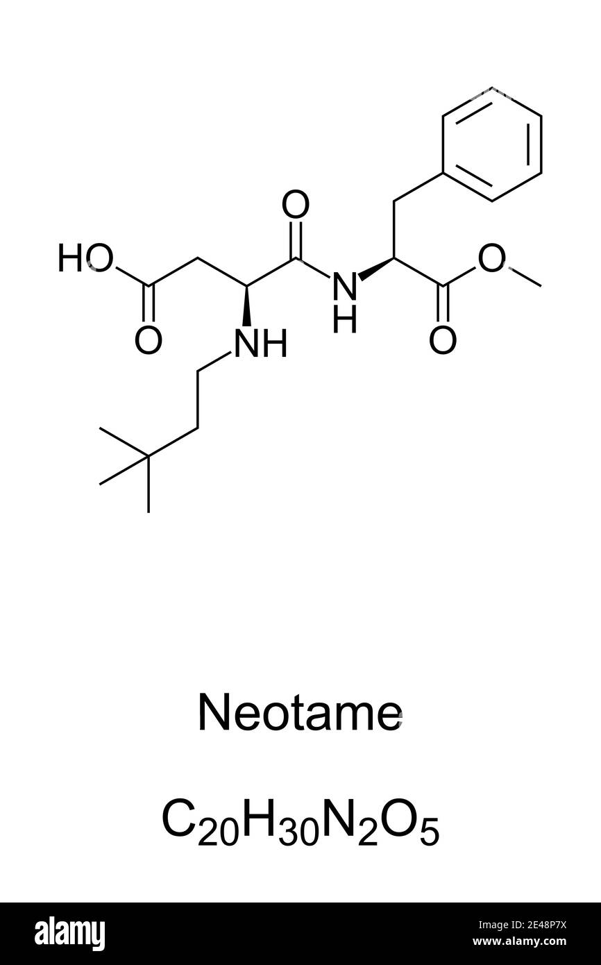 Neotame, formula chimica e struttura scheletrica. Dolcificante artificiale non calorico, sostituto dello zucchero e analogo dell'aspartame. Foto Stock