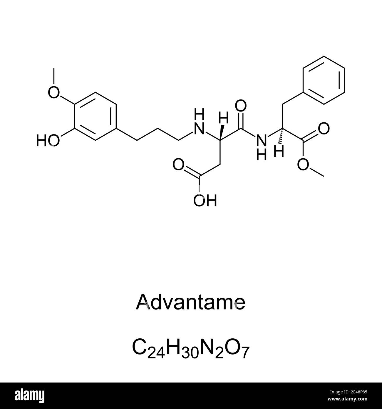 Advantame, formula chimica e struttura scheletrica. Dolcificante artificiale non calorico, sostituto dello zucchero e analogo dell'aspartame. Foto Stock