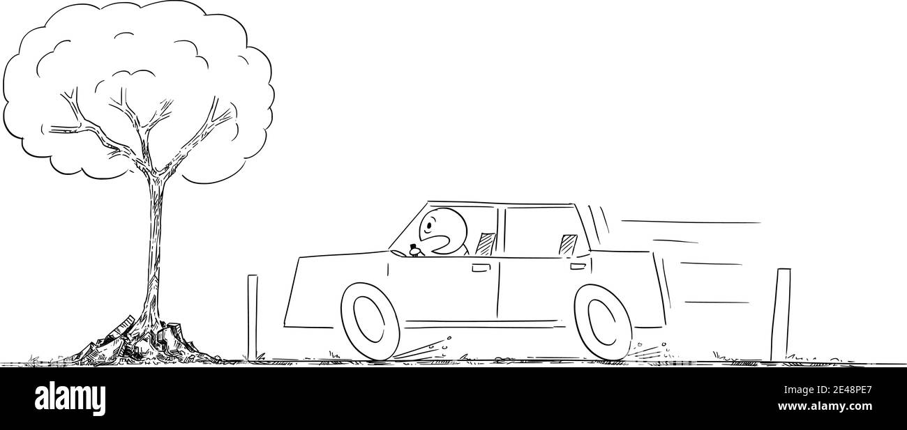 Auto in movimento veloce, albero sta crescendo sulla strada, conducente è scioccato, ostacolo natura, vettore cartoni animati illustrazione. Illustrazione Vettoriale