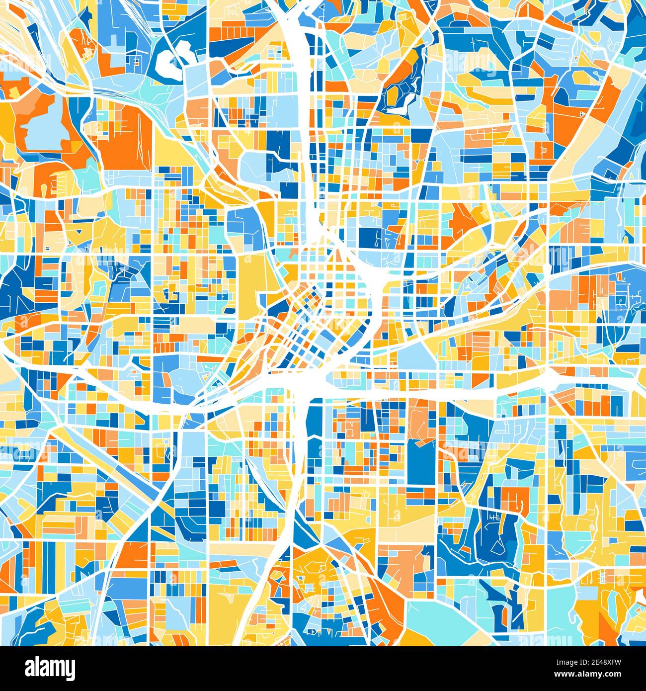 Mappa artistica a colori di Atlanta, Georgia, Stati Uniti in blu e arance. Le gradazioni di colore nella mappa di Atlanta seguono un motivo casuale. Illustrazione Vettoriale