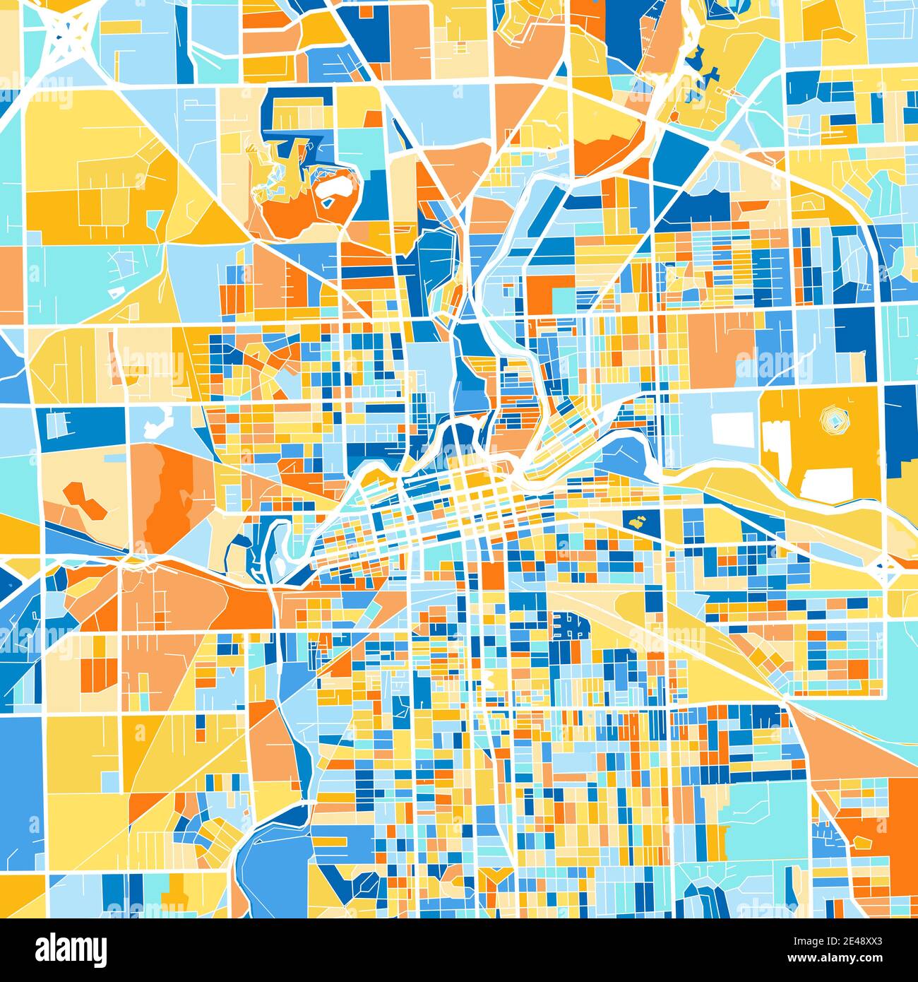 Mappa artistica a colori di FortWayne, Indiana, UnitedStates in blu e arance. Le gradazioni di colore nella mappa FortWayne seguono un motivo casuale. Illustrazione Vettoriale