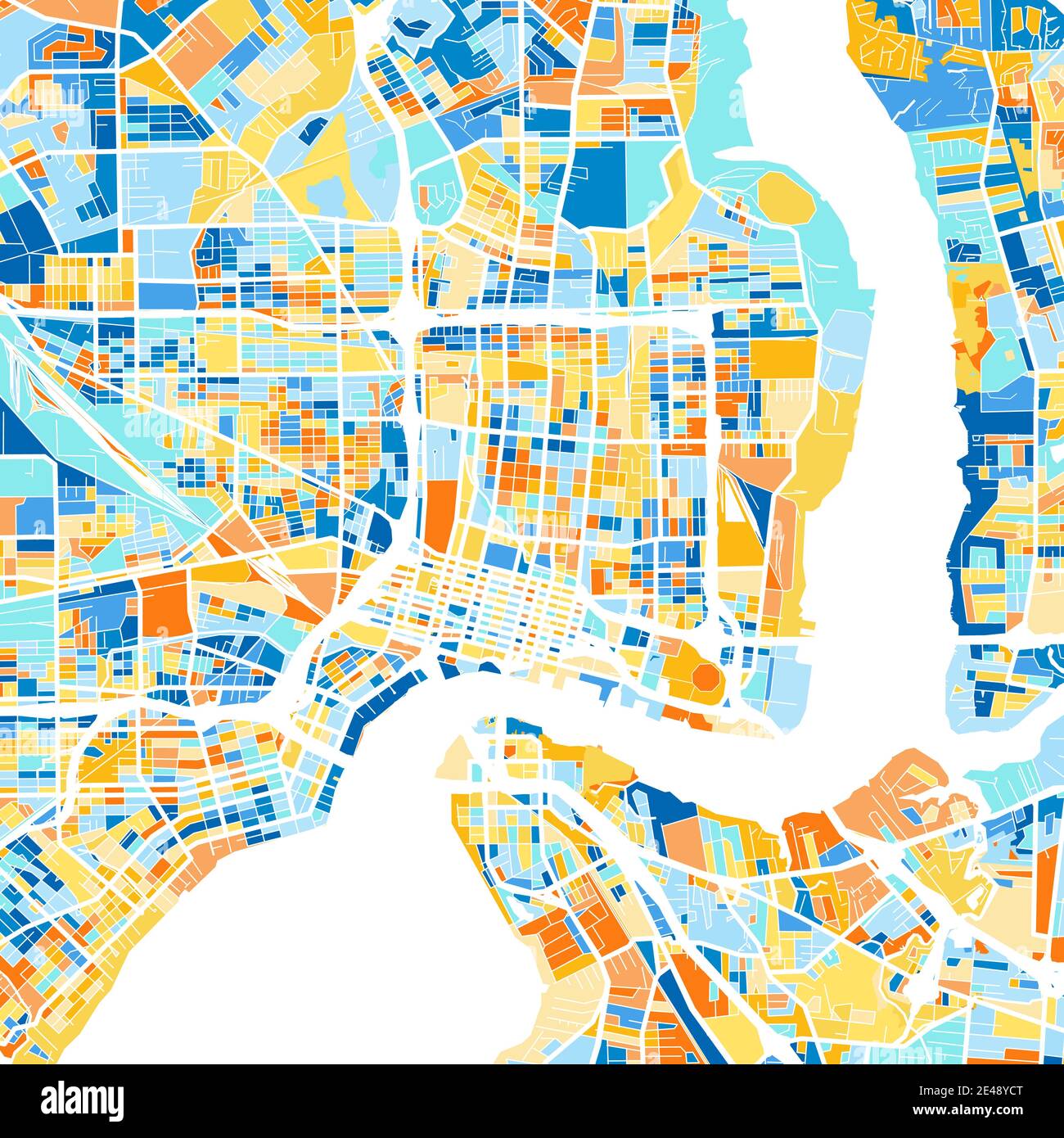 Mappa artistica a colori di Jacksonville, Florida, Stati Uniti in blu e arance. Le gradazioni di colore nella mappa di Jacksonville seguono un motivo casuale. Illustrazione Vettoriale