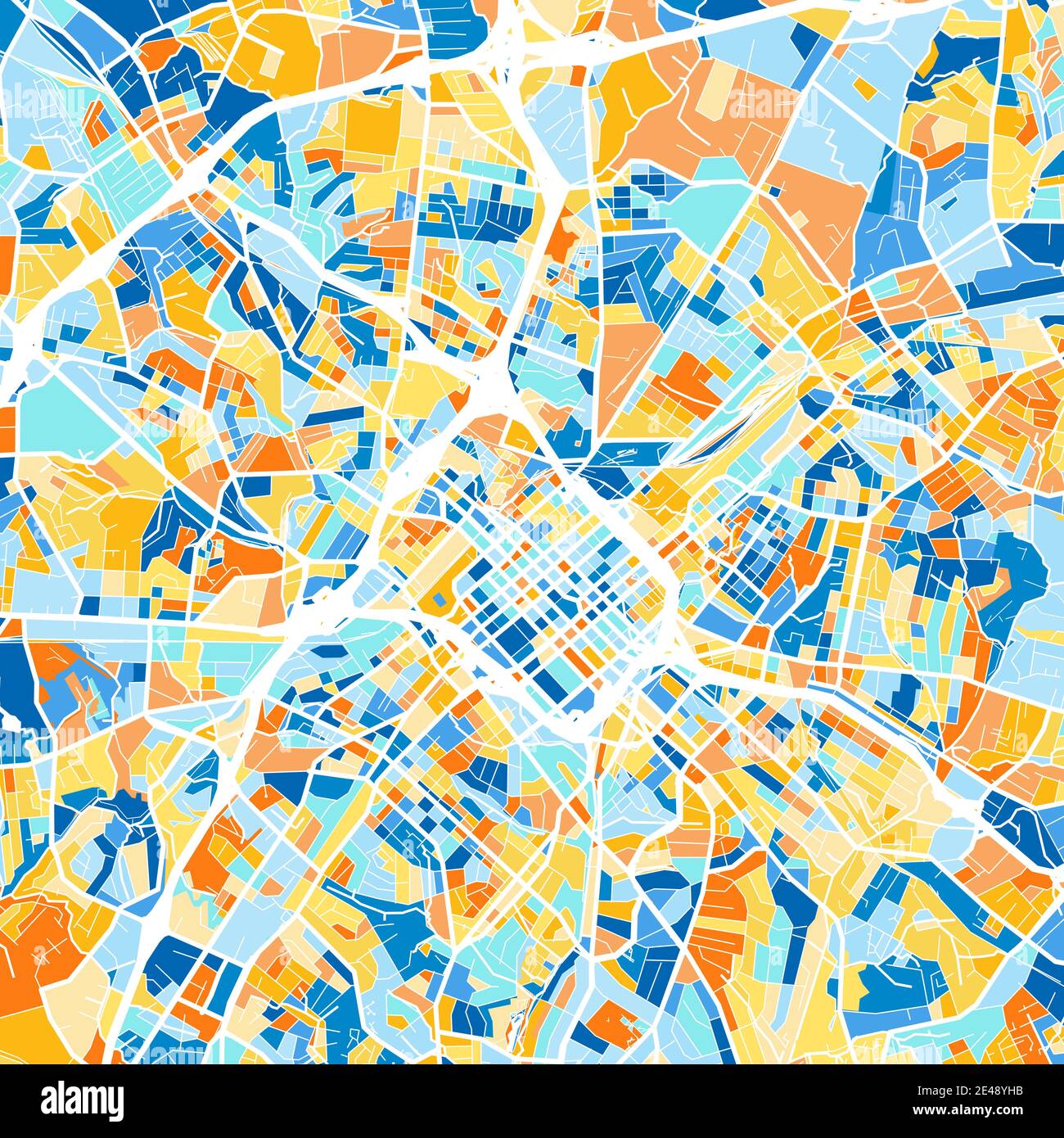 Mappa artistica a colori di Charlotte, Carolina del Nord, Stati Uniti in blu e arance. Le gradazioni di colore nella mappa di Charlotte seguono un motivo casuale. Illustrazione Vettoriale