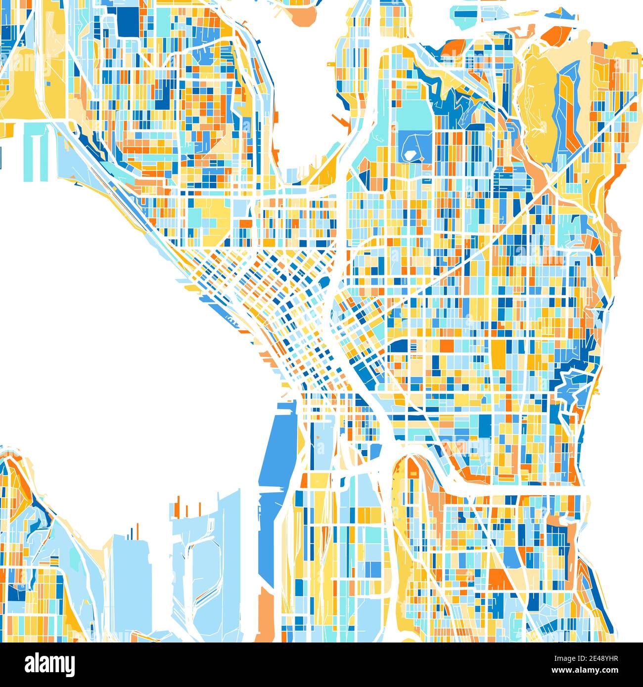 Mappa artistica a colori di Seattle, Washington, UnitedStates in blu e arance. Le gradazioni di colore nella mappa di Seattle seguono un motivo casuale. Illustrazione Vettoriale