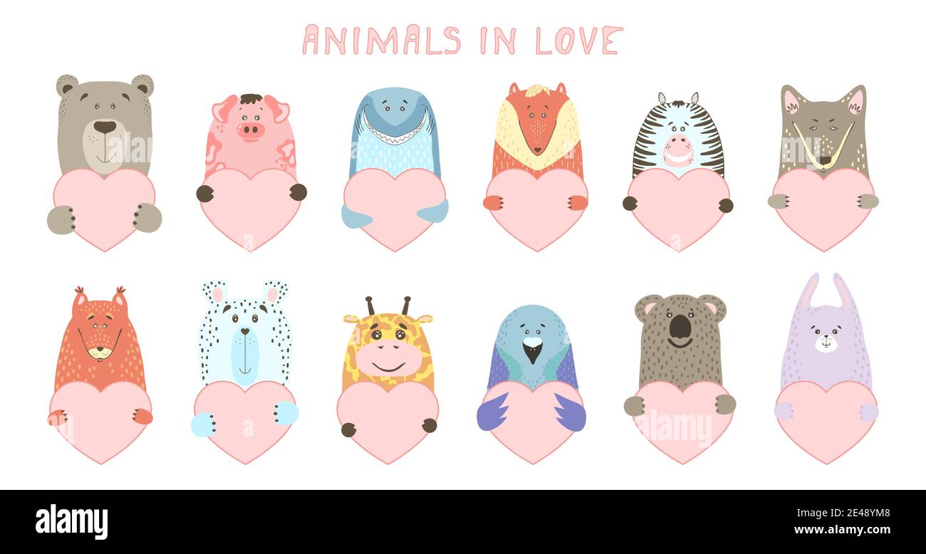 Carino animale cartoon contiene un segno cardiaco con spazio copia. Set giorno di San Valentino biglietto d'auguri banner invito brochure. Cartoon disegnata a mano stile. Animali piccoli animali in amore, dichiarazione d'amore. Illustrazione Vettoriale