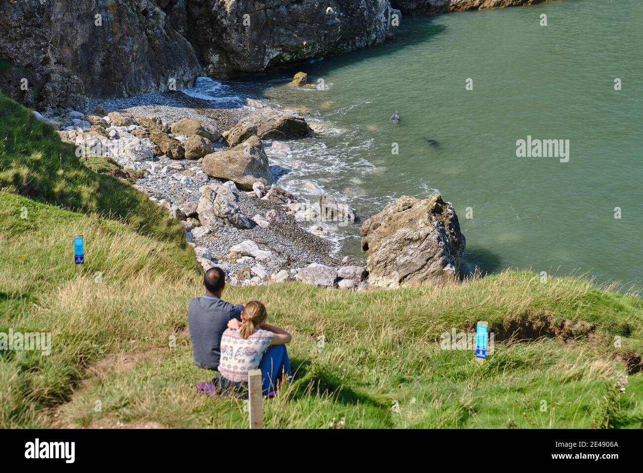 Una coppia sulla scogliera guarda un paio di foche grigie nelle fiasche di Angel Bay alla fine del Little Orme, Galles del Nord Foto Stock