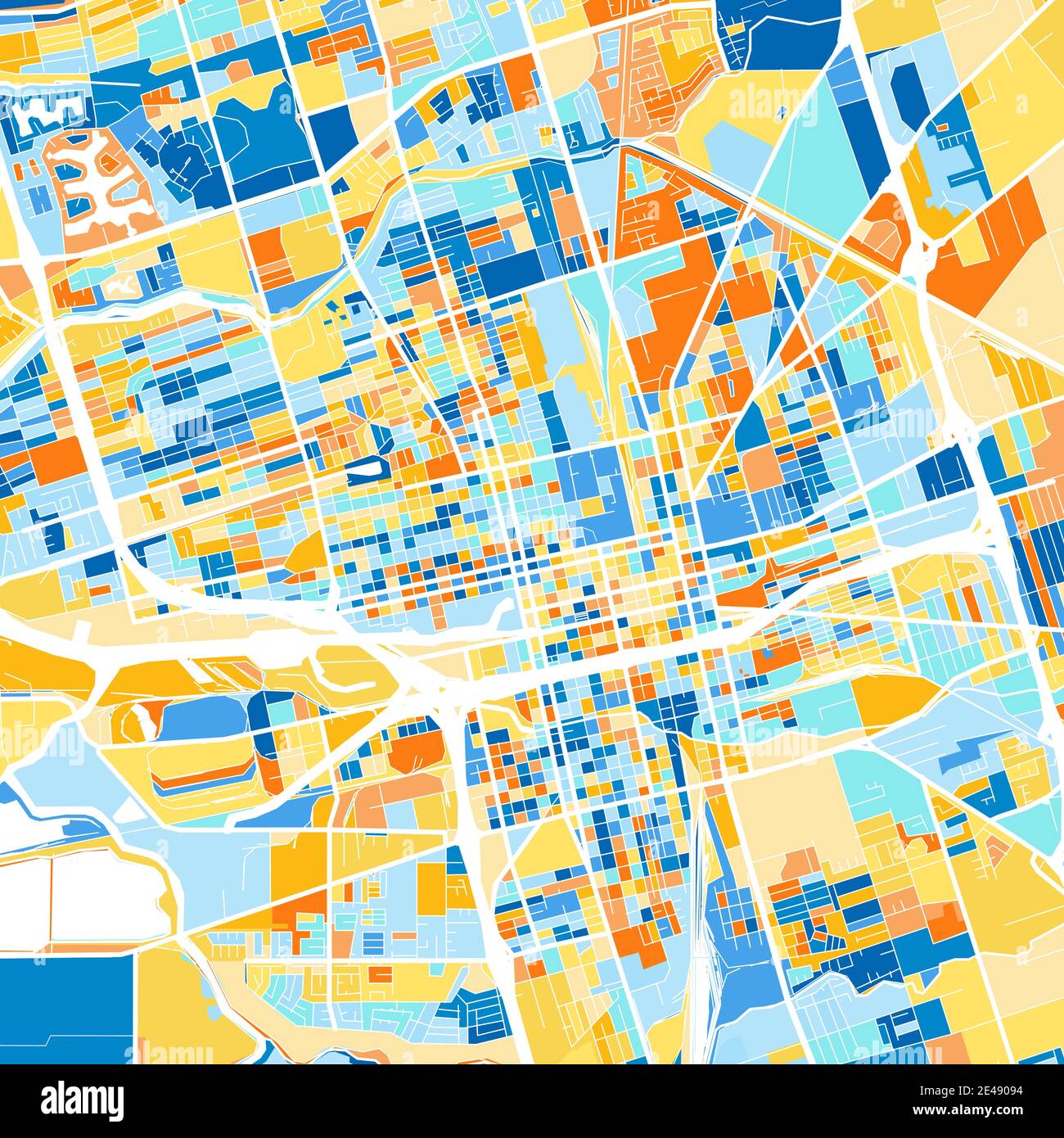 Mappa artistica a colori di Stockton, California, UnitedStates in blu e arance. Le gradazioni di colore nella mappa Stockton seguono un motivo casuale. Illustrazione Vettoriale