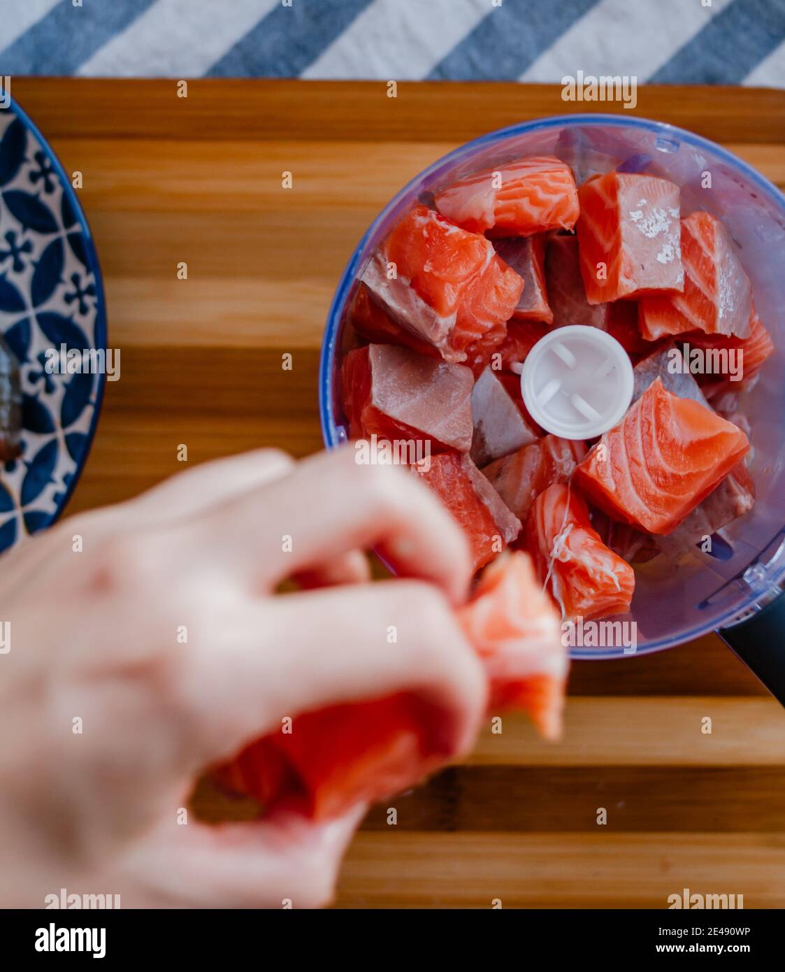 Una donna mette le mani dei pezzi di salmone in un alimento del frullatore processore Foto Stock