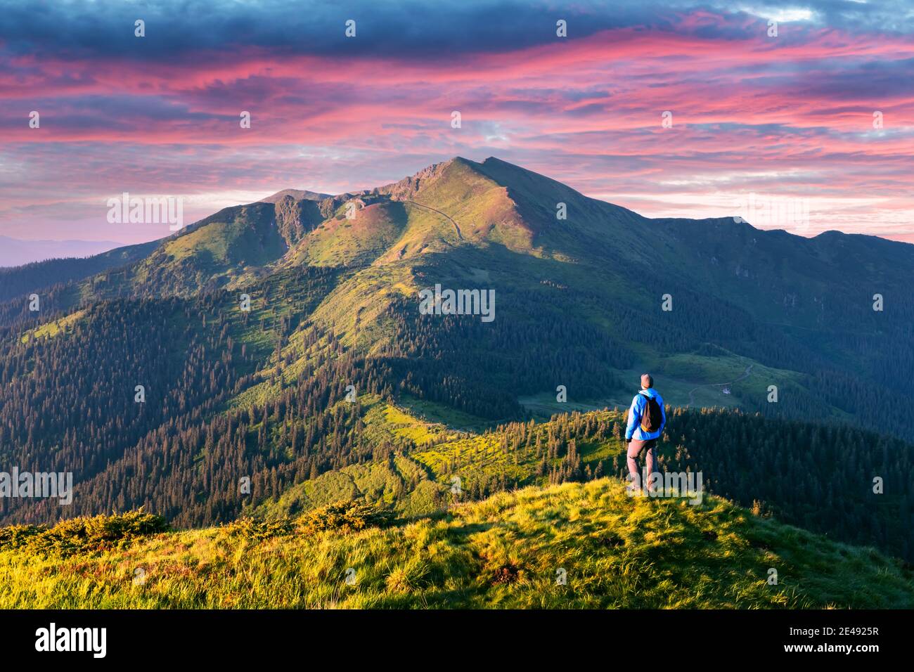Un turista sul bordo di una montagna coperta da un'erba lussureggiante. Cielo viola tramonto e cime alte montagne sullo sfondo. Fotografia di paesaggio Foto Stock