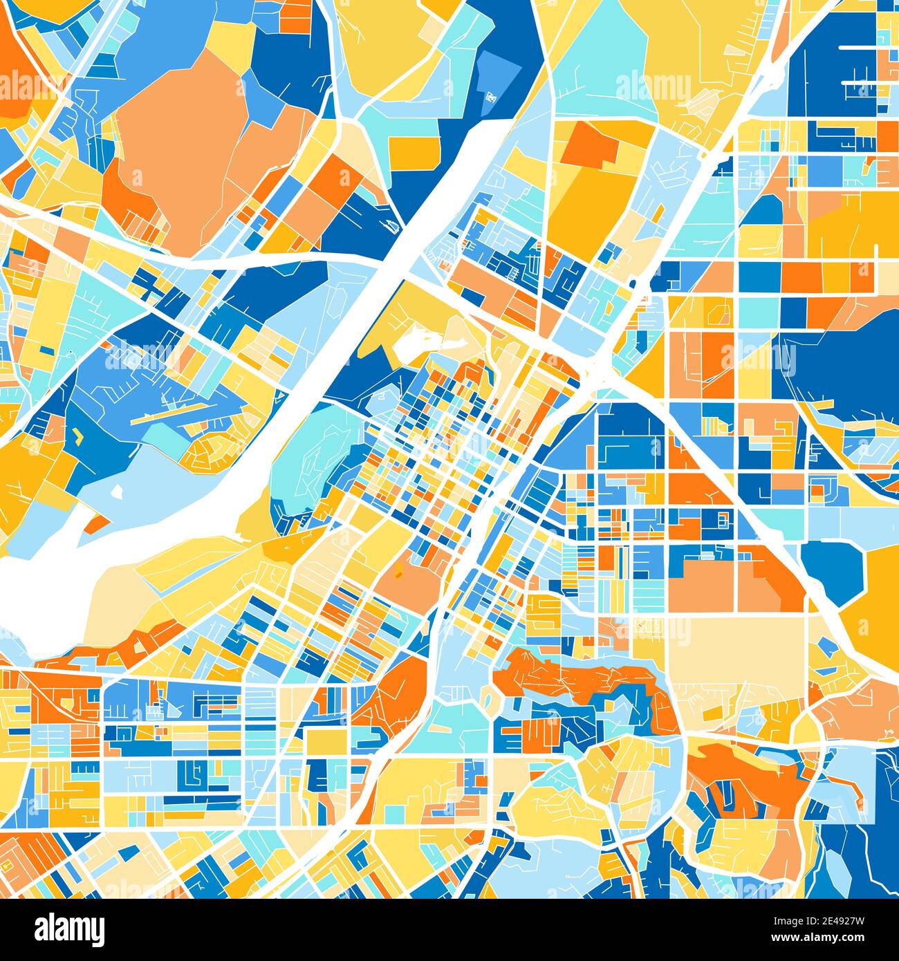 Mappa artistica a colori di Riverside, California, UnitedStates in blu e arance. Le gradazioni di colore nella mappa Riverside seguono un motivo casuale. Illustrazione Vettoriale