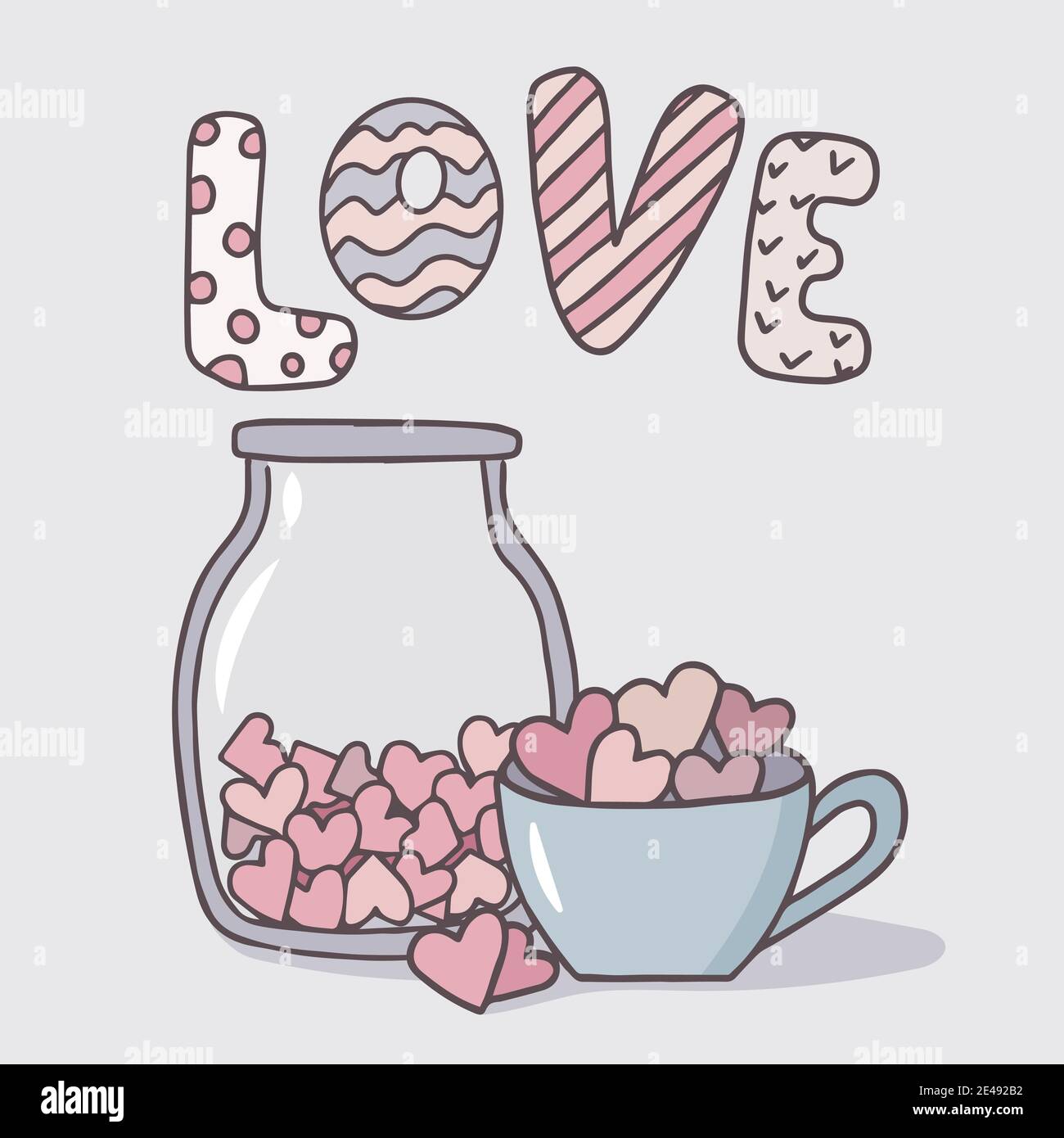 Immagine vettoriale disegnata a mano di marshmallows nella forma di cuori in una tazza e in un vaso di vetro. Biglietto d'auguri per San Valentino, compleanno, festa. Illustrazione Vettoriale