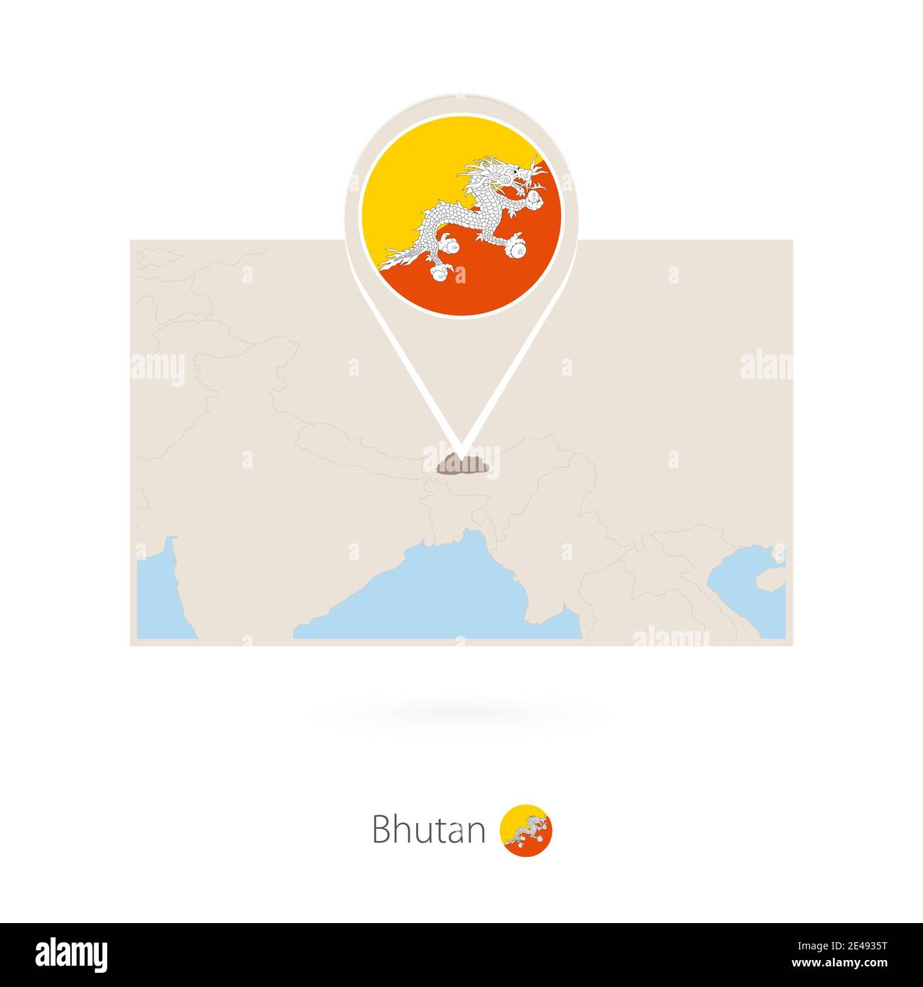 Mappa rettangolare del Bhutan con icona a forma di spillo del Bhutan Illustrazione Vettoriale