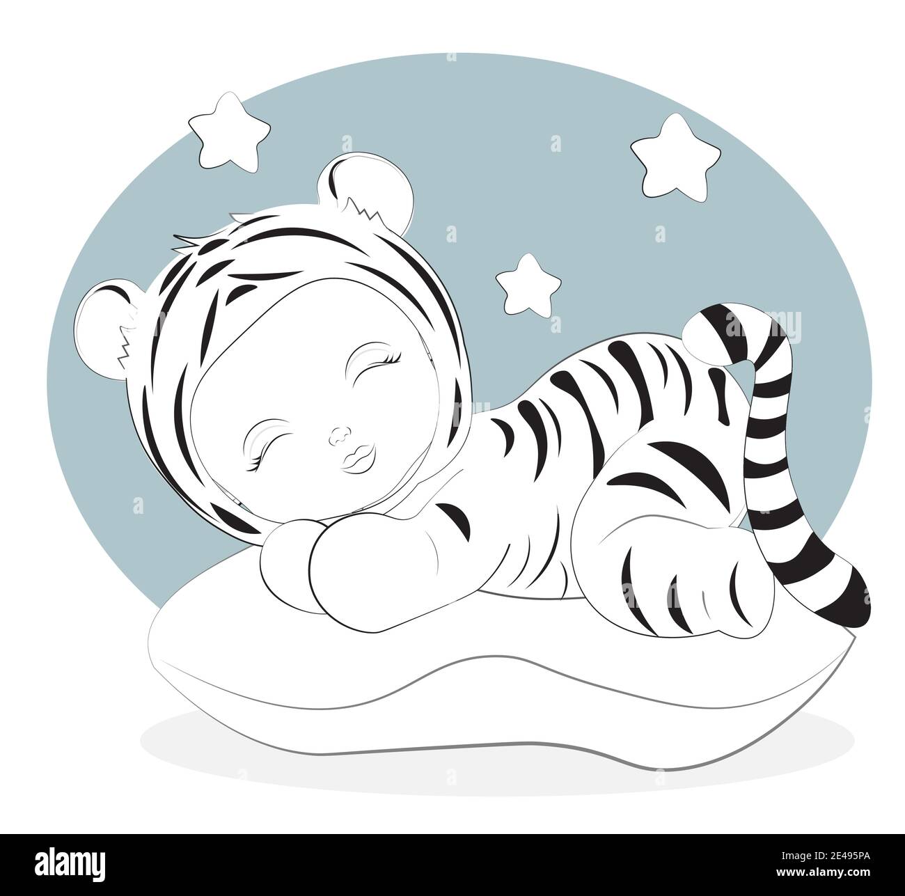 Libro da colorare neonato Tiger pelo pelo peluche Pajamas Sleepwear su  pilow, immagine in stile disegno a mano per l'acquazzone del bambino.  Biglietto d'auguri, festa invita Immagine e Vettoriale - Alamy