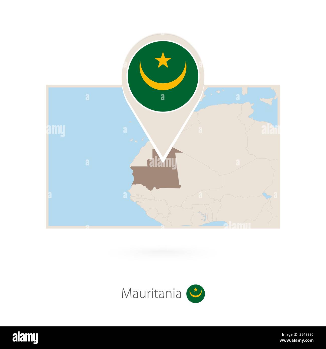 Mappa rettangolare della Mauritania con icona a forma di spillo della Mauritania Illustrazione Vettoriale