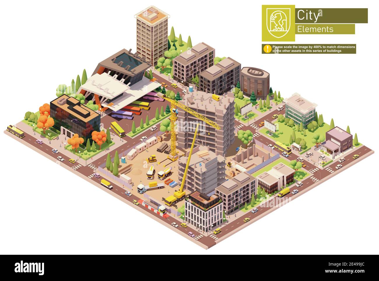 Vector isometric City Block con cantiere Illustrazione Vettoriale