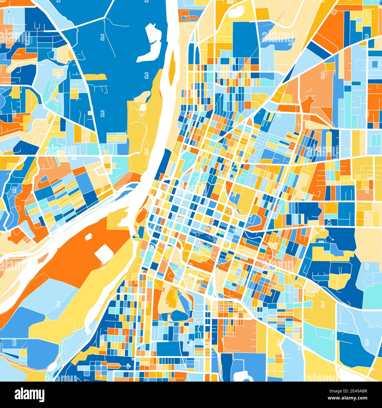 Mappa artistica a colori di Salem, Oregon, Stati Uniti in blu e arance. Le gradazioni di colore nella mappa Salem seguono un motivo casuale. Illustrazione Vettoriale